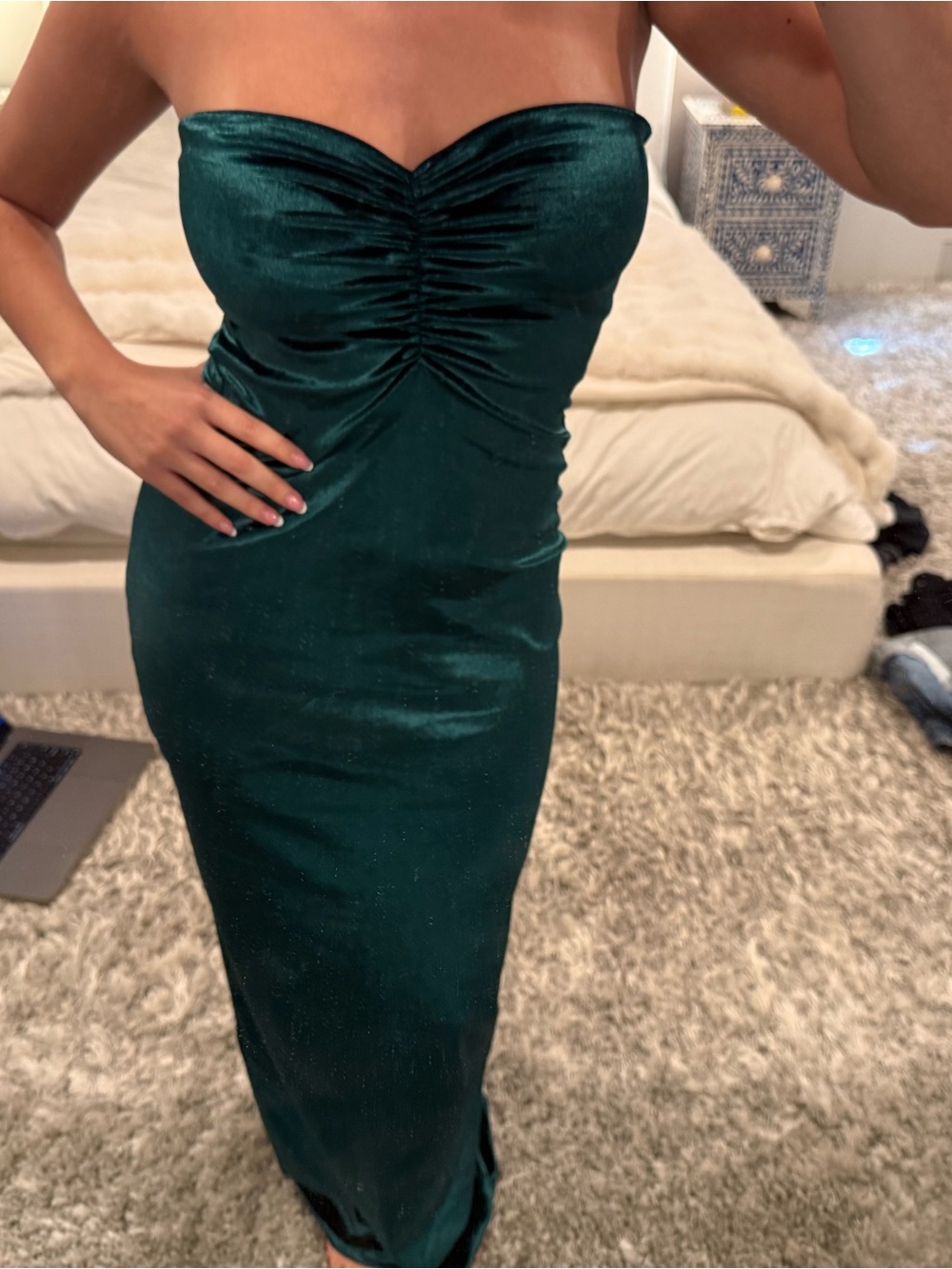 Strapless Ruched Velvet Maxi Dress in Emerald Green